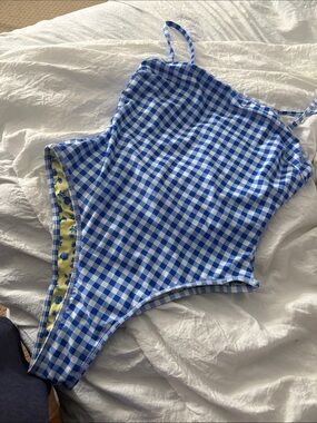 SHEIN Blue Gingham & Floral reversible One-Piece Swimsuit